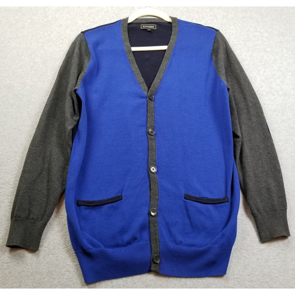 Express Sweater Mens Medium Blue Gray Long Sleeve Button Up Cardigan Elbow Patch